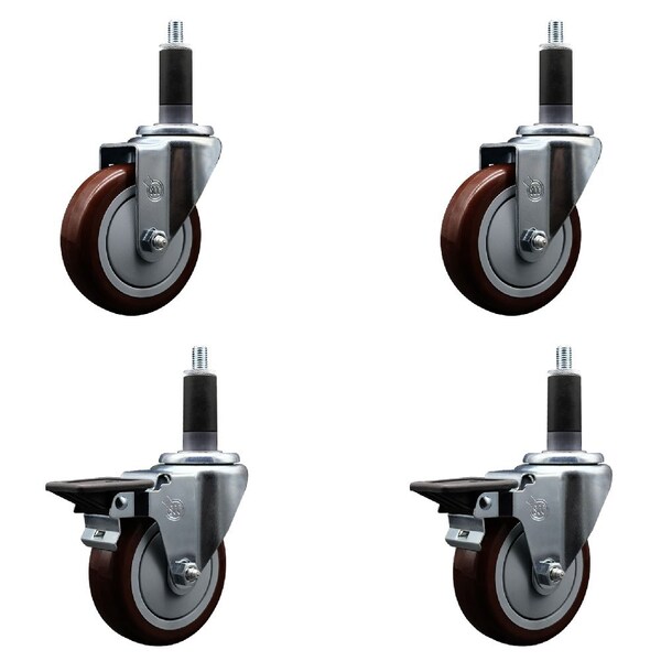 Service Caster 4'' Maroon Poly Wheel Swivel 1-1/8'' Expanding Stem Caster Set 2 Brakes, 4PK SCC-EX20S414-PPUB-MRN-2-PLB-2-118 - main
